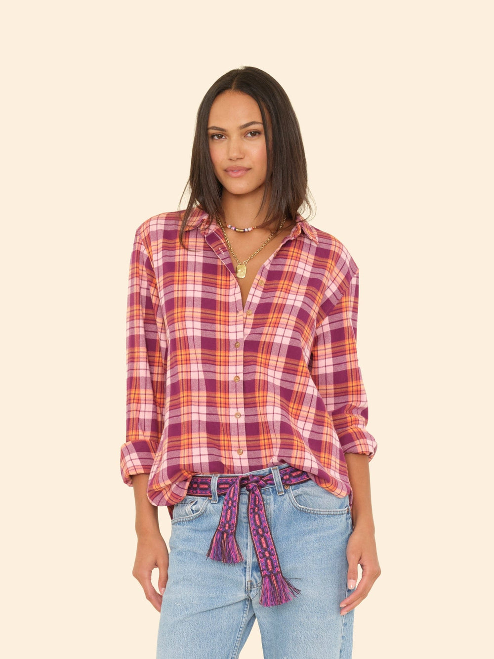 X2507 Shirt Pink Orange Plaid Beau Shirt Pink Orange Plaid Beau Shirt