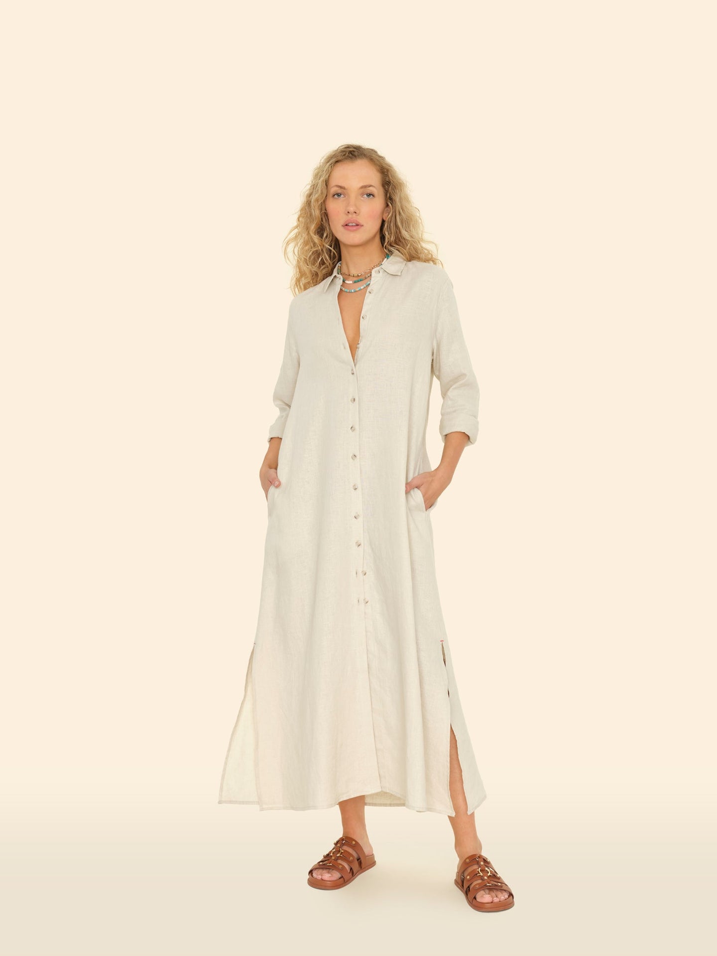 beau linen dress Beau floral-print linen maxi dress - beige