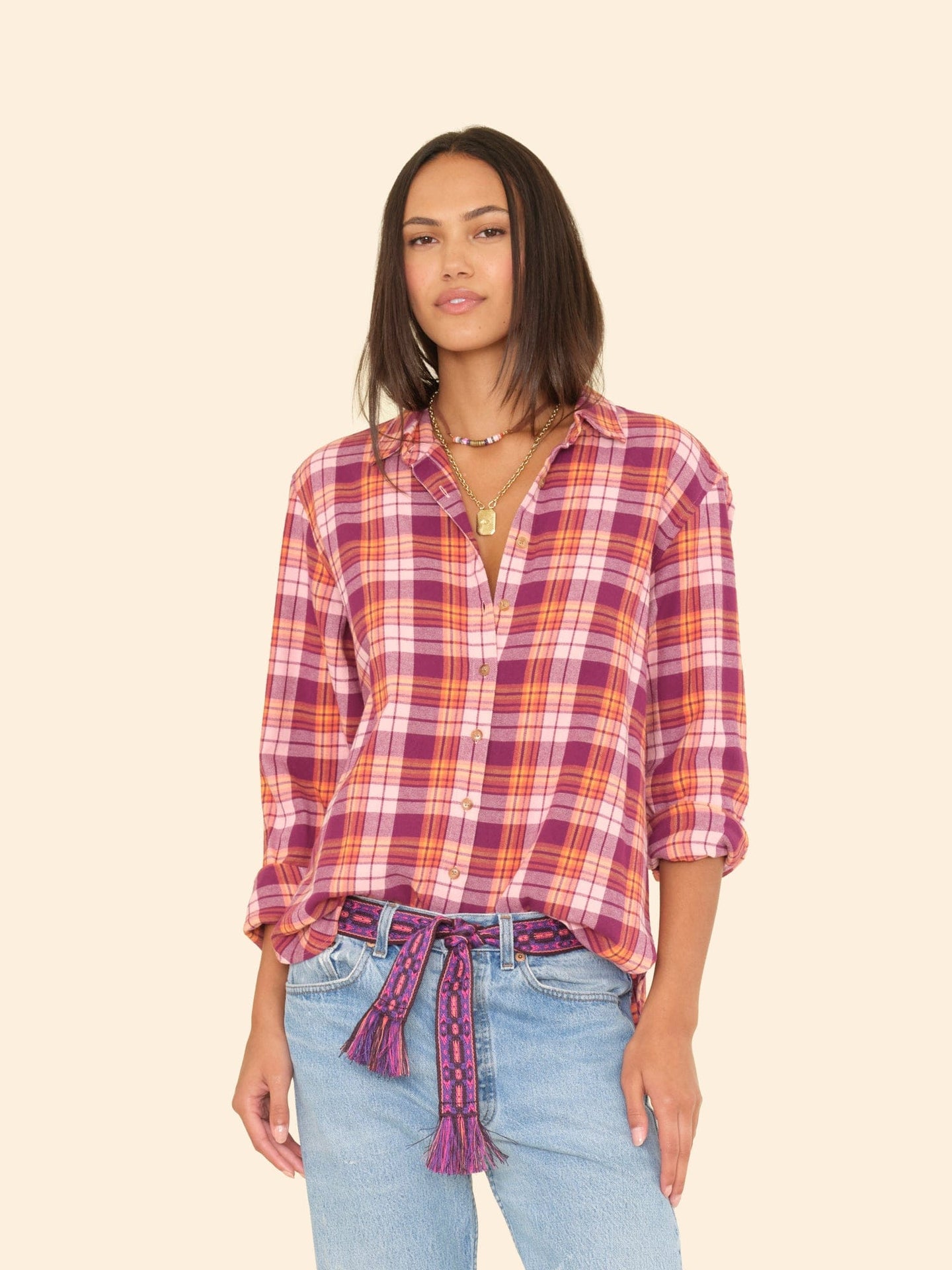 X2507 Shirt Pink Orange Plaid Beau Shirt Pink Orange Plaid Beau Shirt