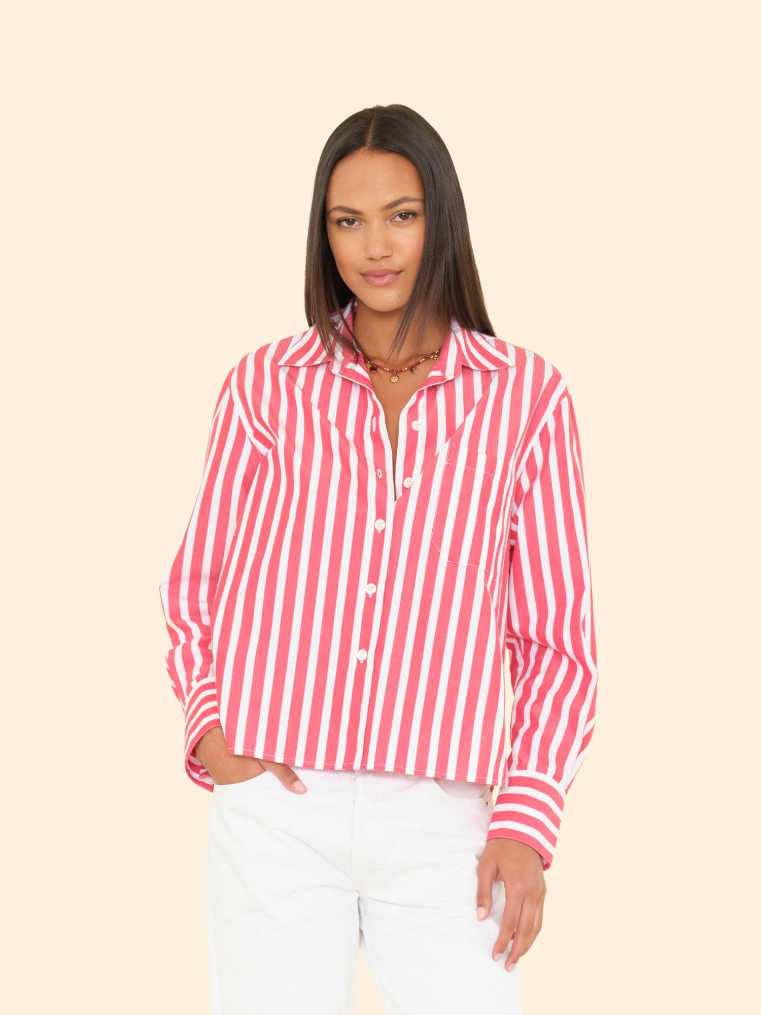 アパルトモン【XIRENA】STRIPEシャツ　ボルドー Scarlet Stripe Monroe Shirt