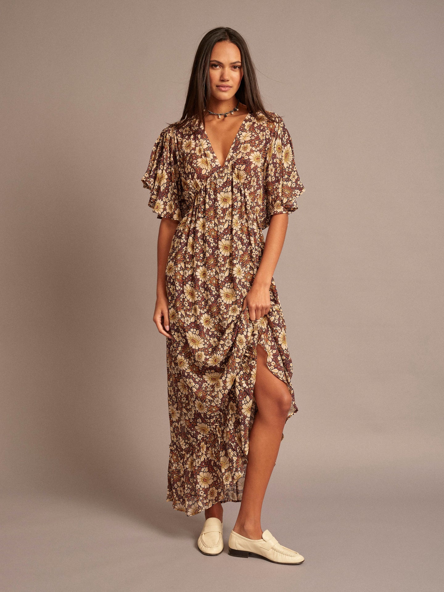 Xirena Roberta Printed Flutter Sleeve Dress - Tawny Brown
